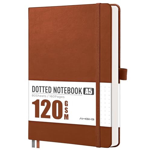 AHGXG Dotted Journal Notebook, 160 Numbered Pages, A5 Medium Size (5.7'' x 8.3''), 120 GSM Thick Paper, Leather Hardcover, for Journaling, Planning, Tracking (Brown) - color: Brown, style: Dotted