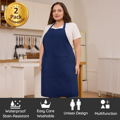 2 Pack Plus Size Waterproof Cooking Chef Apron with 2 Pockets for Men Women - color: Navy Blue