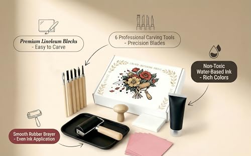 Lnncdsc Linocut Kit for Beginners & DIY Artists – Complete Block Printing Starter Set with Carving Tools & Brayer Roller – Perfect for Homemade Stamps, Greeting Cards, Gifts & Art Projects