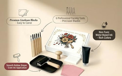 Lnncdsc Linocut Kit for Beginners & DIY Artists – Complete Block Printing Starter Set with Carving Tools & Brayer Roller – Perfect for Homemade Stamps, Greeting Cards, Gifts & Art Projects
