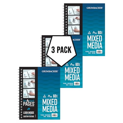 Grumbacher 7" x 10" Mixed Media Paper Pad with in & Out Pages, 160 GSM, Side Wire Bound, 50 White Sheets/Pad, 3-Pack - size: 7" x 10"