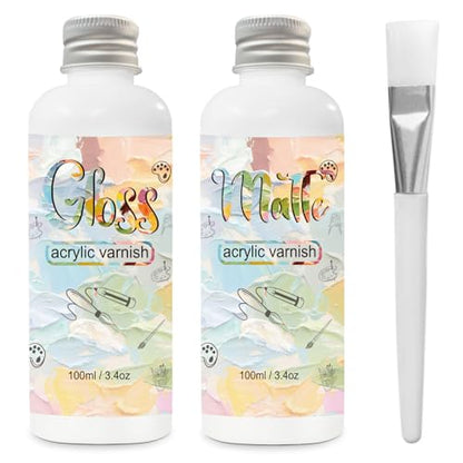 EIGTWEN Gloss Varnish for Acrylic Painting, 2 x 100ml Clear Acrylic Varnish Keeps Paintings from Yellowing, Cracking, Maintains Permanent Color (Gloss + Matte) - size: gloss+matte