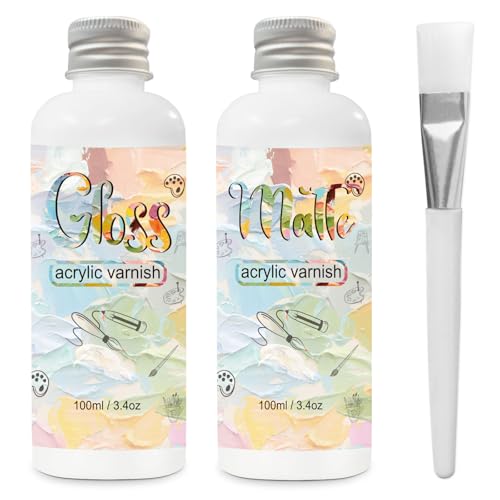 EIGTWEN Gloss Varnish for Acrylic Painting, 2 x 100ml Clear Acrylic Varnish Keeps Paintings from Yellowing, Cracking, Maintains Permanent Color (Gloss + Matte) - size: gloss+matte