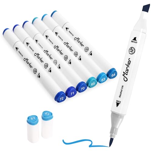 Blue Alcohol Markers, 6 Pack Dual Tips Soft Tip and Broad Tip Permanent Art Marker for Artists Adults Coloring Drawing Illustration Sketching Painting (Blue) - color: Blue