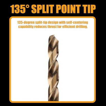29-Piece M2 High Speed Steel Drill Bit Set, 135° Split Point & Precision Ground Tip for Metal, Alloy Steel, Wood & Plastic, Black with Indexed Round Storage Case (1/16”–1/2” by 64ths)