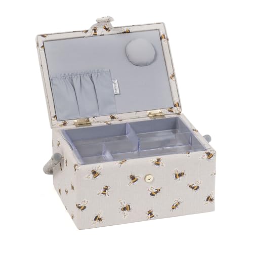 Hobby Gift Medium Sewing Box Organiser, Fabric Covered Storage Box with Handle, Internal Tray, Pin Cushion and Pocket for Sewing, Quilting and Knitting Supplies - color: Bee
