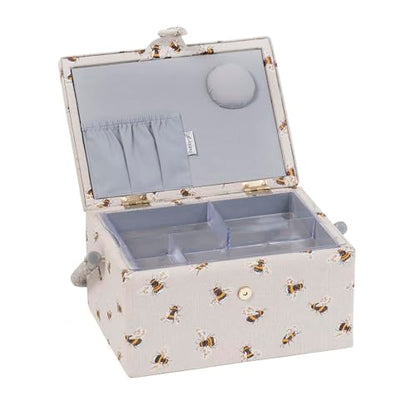 Hobby Gift Medium Sewing Box Organiser, Fabric Covered Storage Box with Handle, Internal Tray, Pin Cushion and Pocket for Sewing, Quilting and Knitting Supplies - color: Bee