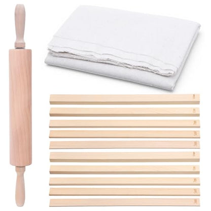 mekueeex 12 Pcs Polymer Clay Tools Set with Bamboo Clay Rolling Pin, 5-Size Guide Rails & Linen Mat - Essential Pottery Tools and Supplies for Sculpting, Pottery Wheel & DIY Crafts
