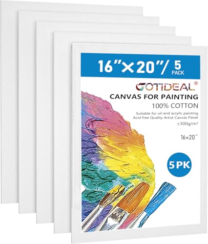 GOTIDEAL Canvases for Painting, 16x20 inch of 5 Pack, Professional Primed White Blank Flat Canvas Panels- 100% Cotton Artist Canvas Boards for Acrylics Painting, Oil Watercolor Tempera - size: 16"x20"