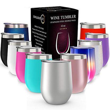 CHILLOUT LIFE 12 oz Stainless Steel Wine Tumbler with Lid - Double Wall Vacuum Insulated Wine Cup Glass Keeping Cold & Hot for Coffee, Champagne, Cocktails, Ice Cream - Dishwasher Safe Finish - color: Stainless Steel, style: 1 Pack