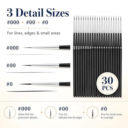 30 Pcs Tiny Detail Paint Brushes Set – Fine #0#00#000 Liner Brushes for Miniature, Model, Acrylic & Watercolor, Precision Craft Brushes for Easter Egg Painting, Spring DIY & Holiday Art