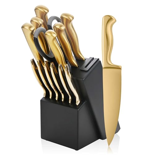 15-Piece Gold Kitchen Knife Block Set with Sharpener, Stainless Steel Knives Set for Kitchen, Chef Gold Kitchen Knife Sets with Scissors, Steak Knives - color: Gold