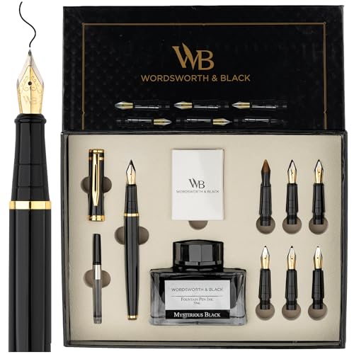 Wordsworth & Black Calligraphy Pen Gift Set, Includes Bottle, 6 Cartridges, Refill Converter, 6 Replacement Nibs, Premium Package, Journaling, Smooth Writing Pens [Black Gold] - color: Black Gold