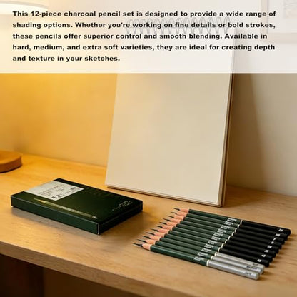 Sketchbook and Pencil Set - Spiral Bound Hardcover with 60 Sheets & 12 Charcoal Pencils (Hard/Medium/Soft) for Professional Artists and Beginners - color: Kraft paper color
