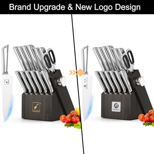 imarku 14-Piece Knife Set with Block, One Set for Meat, Fish, Veggies & Bread, Glides Through Every Cut, High Carbon Stainless Steel with Built-in Sharpener, Dishwasher Safe, utility knives - color: Black, size: 14 Pcs