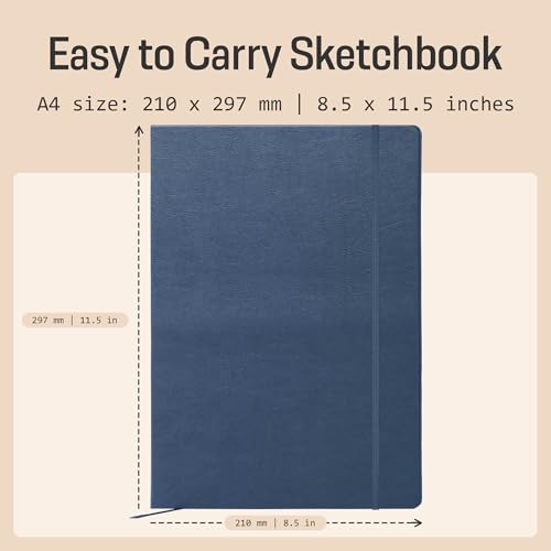 BROWNSTONE JOURNALS A4 Sketch Book Hardcover - 80 Sheets 100 GSM Paper 8.5"x11.5", Lay Flat, Vegan Leather Cover, Elastic Band, Back Pocket, Art Drawing Book (Symphony Blue) - color: Symphony Blue, size: A4 (8.5" x 11.5")