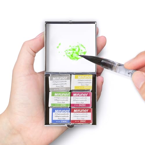 Mini Portable Handmade Artist Watercolor Paint Travel Metallic Box Set with 6 Solid Watercolor Half Pans (Each Capacity Approx 1.5ml) Pearlescent.Mix Color 05 - color: Solid Watercolor--mix Color 05