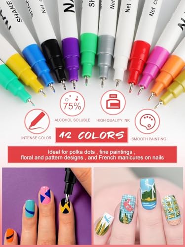 12 Color 3D Nail Art Pens Set, Kalolary 0.5MM Nail Pens Nail Point Graffiti Dotting Pen Drawing Painting Liner Brush for DIY Nail Art Beauty Adorn Manicure Tools - color: F