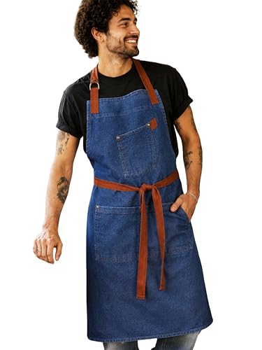 100% Cotton Printed Kitchen Apron with 2 Pockets for Men and Women – Adjustable Chef Apron - Machine Washable - color: Denim Royal