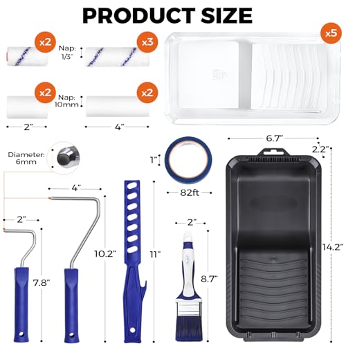 20pcs Small Paint Roller Kit, 4“ 2” Mini Roller Paint Brush with Special Caved-in Edge Foam, Microfiber Rollers and Versatile Paint Tray for Painting Walls, Cabinet, Touch up