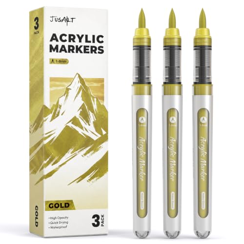 JusArt 3 Gold Acrylic Paint Markers Brush Tip, Water-Based Metallic Markers with Automatic Ink Control, Waterproof Acrylic Paint Pens for DIY Art & Crafts -Fabric, Wood, Rock, Ceramic, Pumpkin - color: Gold