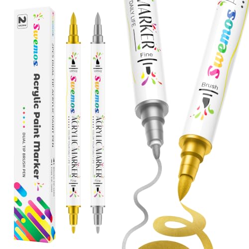 2 Gold And Silver Dual Tip Acrylic Paint Markers Fine Brush Tip Acrylic Pen | Acrylic Markers Set Suitable for Fabric Rocks Canvas Ceramic Wood Glass Coloring Book Almost All Surface - color: Gold+Silver, size: 2