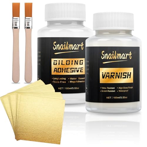 Snailmart Gold Leaf Kit, 100ml Water-Based Metal Leaf Glue and 100ml Protective Varnish, Gold Leaf Sheets 100 pcs, 2 Brushes, for Craft, Painting and Arts - color: Gold (with gold leaf)