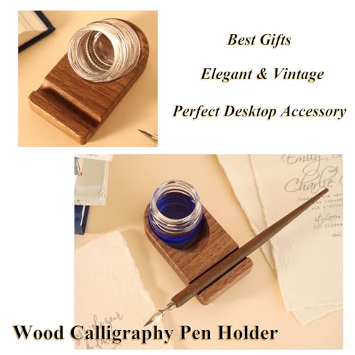 Upgrade Wooden Tilting Calligraphy Pen Holder with Empty Glass Ink Bottle Container, Calligraphy Oblique Nib Holder Stand Base Set Desktop Tabel Decoration - style: Upgraded One Glass Ink