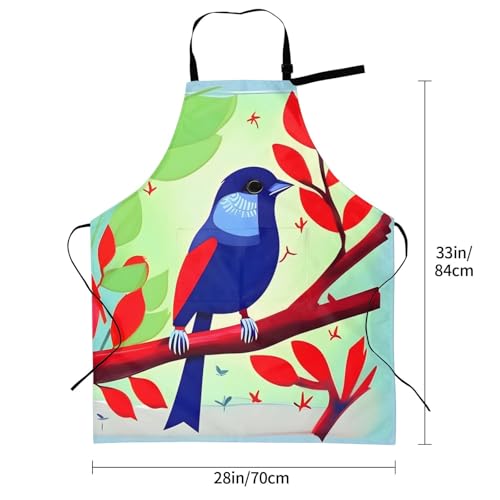 Round watercolor painting Heavy Duty Waterproof Apron with Pockets for AdultsResistant Grilling, Gardening, Painting - color: Red Leaf Bird