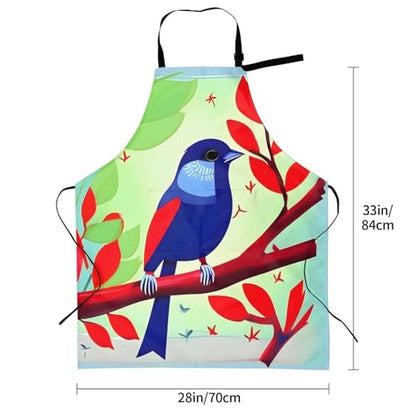 Round watercolor painting Heavy Duty Waterproof Apron with Pockets for AdultsResistant Grilling, Gardening, Painting - color: Red Leaf Bird