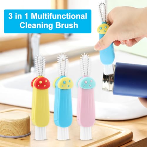 3 in 1 Multifunctional Lid Gap Cleaning Brush Set - Cup, Bottle, Sport Water Bottle (Pink, Yellow, Blue)