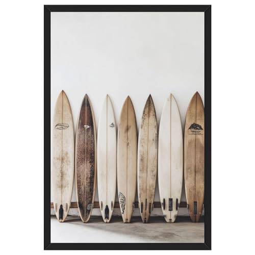 Surfboard Wall Art Canvas Poster Print Neutral Coastal Beach Decor Vintage Surf Photography Picture Artwork for Bathroom Living Room Bedroom Minimalist Modern House Decoration 8x12inch Black Frame - color: Style-4 Black Frame, size: 8"L x 12"W