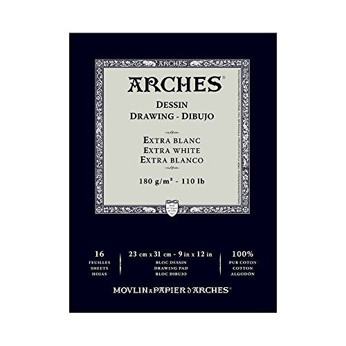Arches Velin BFK Rives Drawing Pad, Extra White, 9x12 inches, 16 Sheets - Professional Art Paper for Figure Drawing, Portraits, Illustration, Calligraphy - color: Cream,white, size: 23 x 31 x 1 cm