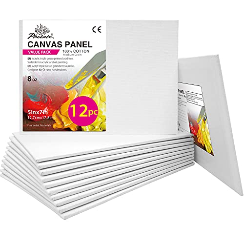 PHOENIX Small Painting Canvas Panels 5x7 Inch, 12 Value Pack - 8 Oz Triple Primed 100% Cotton Acid Free Canvas Boards for Painting, White Blank Flat Canvas Boards for Acrylic, Oil Paints - color: White, size: 5" x 7"