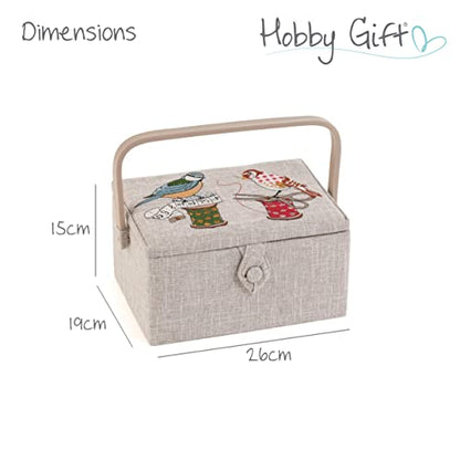 Hobby Gift Medium Sewing Box Organiser, Fabric Covered Storage Box with Handle, Internal Tray, Pin Cushion and Pocket for Sewing, Quilting and Knitting Supplies - color: Birds on Bobbin