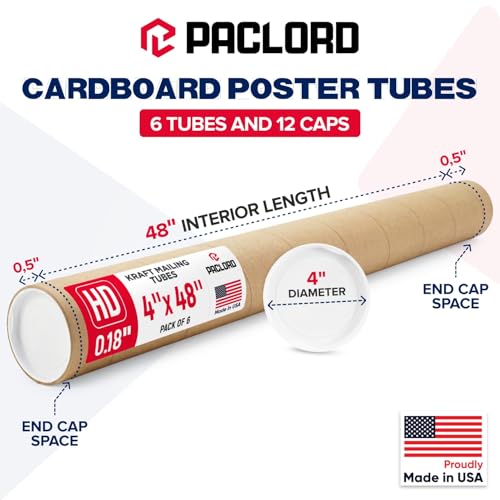 4" x 48" Heavy-Duty Reinforced Cardboard Mailing Tube, Pack of 6 Tubes with 12 Caps – Secure USPS Approved – Great for Shipping and Storing of Prints, Artwork, Posters or Documents - size: 4" x 48", style: 2X Heavy-Duty