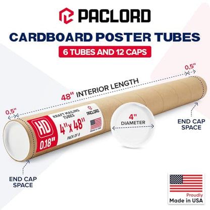 4" x 48" Heavy-Duty Reinforced Cardboard Mailing Tube, Pack of 6 Tubes with 12 Caps – Secure USPS Approved – Great for Shipping and Storing of Prints, Artwork, Posters or Documents - size: 4" x 48", style: 2X Heavy-Duty