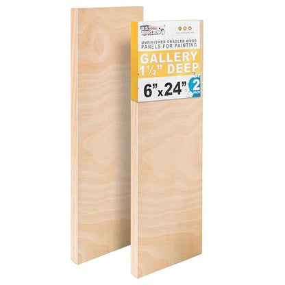 U.S. Art Supply 6" x 24" Unfinished Cradled Wood Panels for Painting, Gallery 1-1/2" Deep (2 Pack) - Artist Depth Wooden Wall Canvases - Mixed-Media Craft, Acrylic, Oil, Encaustic, Paint Pouring - size: 6" x 24"