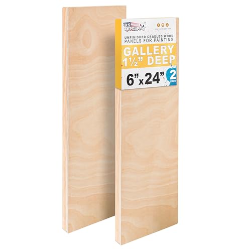U.S. Art Supply 6" x 24" Unfinished Cradled Wood Panels for Painting, Gallery 1-1/2" Deep (2 Pack) - Artist Depth Wooden Wall Canvases - Mixed-Media Craft, Acrylic, Oil, Encaustic, Paint Pouring - size: 6" x 24"