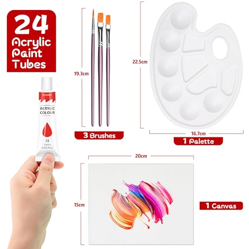 Acrylic Paint Set with 3 Paint Brushes, 24×12ml Colors Premium Paint Set with 1 Palette 1 Canvas Boards, Art Painting Kits for Adults, Paints Supplies for Canvas Rock Painting Craft Art Class