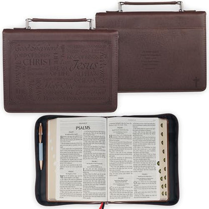 Christian Art Gifts Classic Premium Vegan Leather Inspirational Bible Cover for Men & Women: Names of Jesus, Encouraging Heat-Debossed Scripture, Sturdy Carry Case, Pen Loops, Pockets, Brown, XL - size: Extra Large