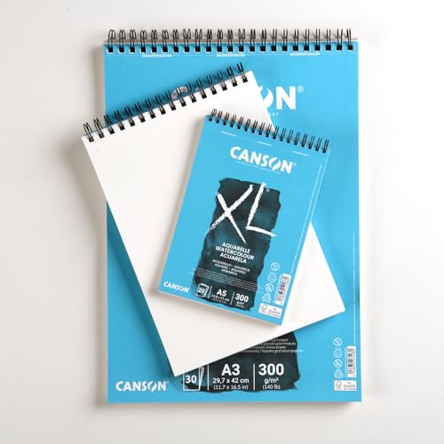 CANSON XL Watercolour 300gsm A3 Paper, Cold Pressed, Spiral Pad Short Side, 30 White Sheets, Ideal for Professional Artists - size: A3