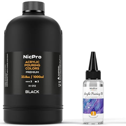 Nicpro Jet Black Color Acrylic Pour Paint, 33.8 Ounce Pre-Mixed Pouring Paint Supplies with Silicone Pour Oil & Gloves for Canvas, Rock, Wood Cell Creation Flow DIY Art Painting, Ready to Pour - color: 33.8oz-black