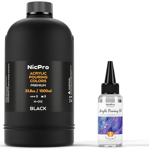 Nicpro Jet Black Color Acrylic Pour Paint, 33.8 Ounce Pre-Mixed Pouring Paint Supplies with Silicone Pour Oil & Gloves for Canvas, Rock, Wood Cell Creation Flow DIY Art Painting, Ready to Pour - color: 33.8oz-black