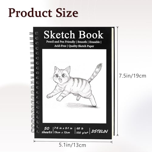 DSTELIN 7.5 x 5.1 Inch Sketch Book, 50 Sheets,100gsm, Spiral Bound Black Hardcover with Black Cover, Ideal for Sketching and Drawing