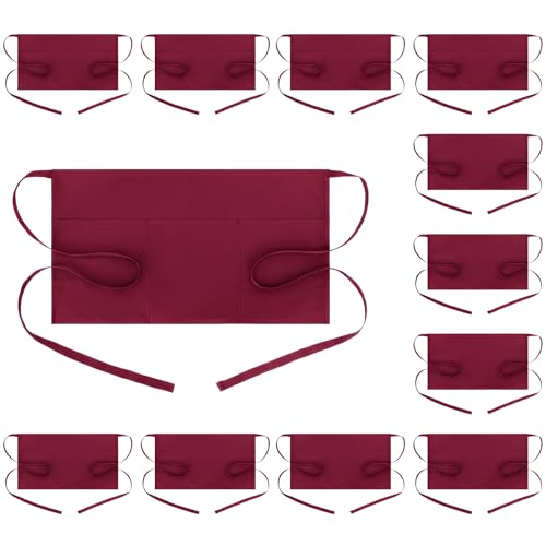 BOHARERS Waist Apron with 3 Pockets 12 Pack - Red Waitress Server Short Apron - color: F-12 Pack Red
