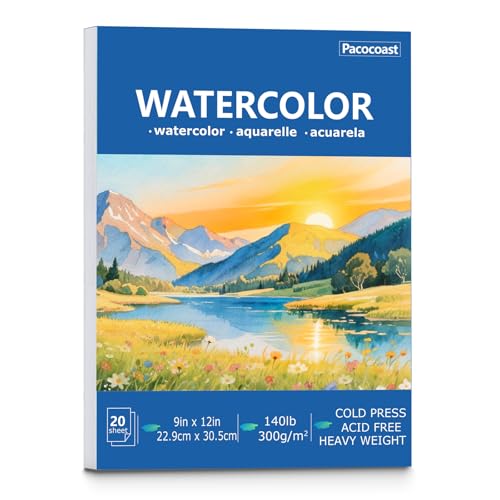 Pacocoast Watercolor Paper Pads, 9"X12" (300gsm/140lb) Cold Press Water Color Sketchbook, 20 Sheets. Perfect for Wet & Dry Media, Painting, Drawing. Ideal Art Supplies for Adults, Blue - color: Blue, size: 9" x 12"
