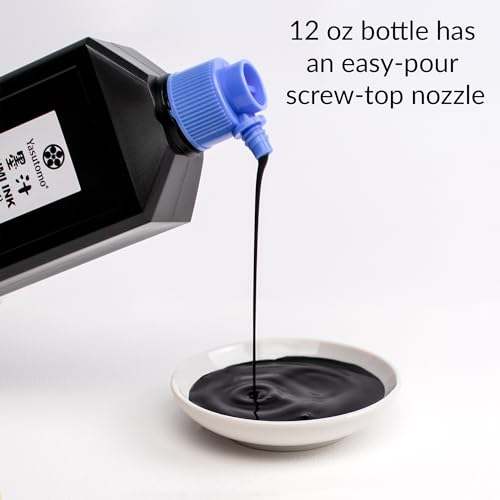 Yasutomo Bokuju Liquid Ink - 12oz Sumi Ink for Calligraphy and Artwork - Black Drawing Ink for use with Japanese Ink Brushes and Dip Pens
