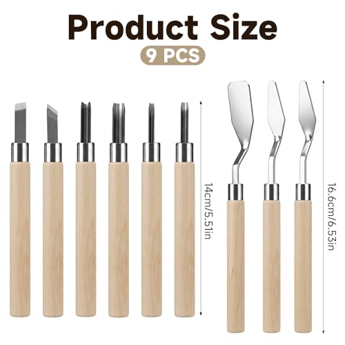 9 PCS Stamp Making Kit, Linocut Tools, Stamp Carving Kit Linoleum Carving Blocks for Printmaking with 3 Scrapers for Beginners Oil Painting Wallpaper DIY Crafts Wood-Carving