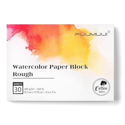 Fuumuui 5×7 Watercolor Paper Block, Textured Rough 100% Cotton Watercolor Paper, 140lb/300gsm, 30 Sheets, Acid-Free, Art Paper for Painting & Drawing, Wet, Mixed Media, Rough Grain - color: Rough, size: 5×7"